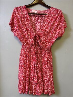 C + D + M Red Floral V-Neck Cutout Tie Front Dress